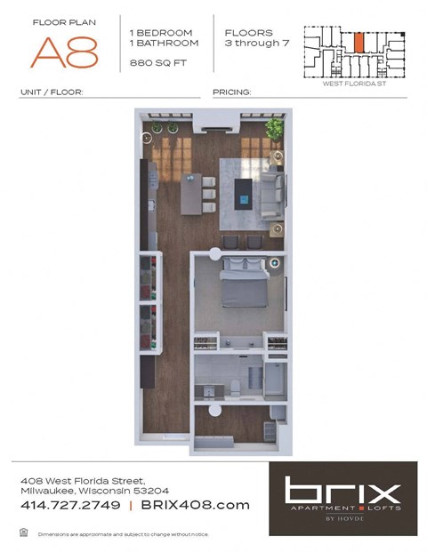 Floor plan for 1 bed, 1 bath, 880 sqft